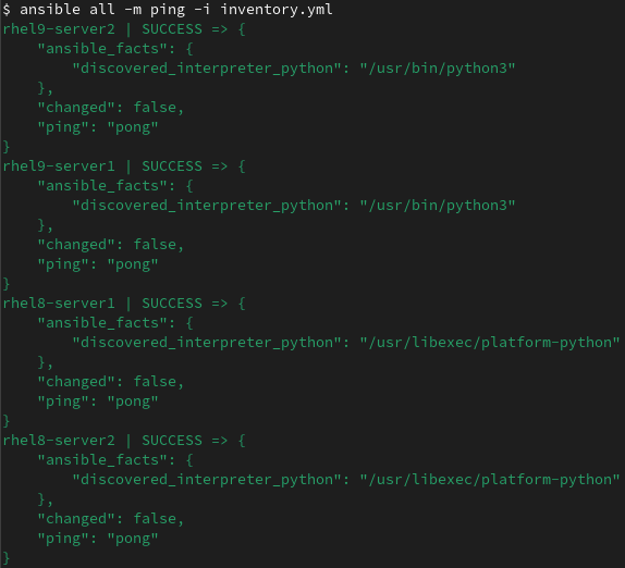 Example command telling Ansible to use the ping module, the inventory file named inventory.yml and to connect to all of the hosts defined in the inventory